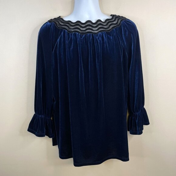 Rafaella Womens Velvet Romantic Poet Sleeve Tunic Top Size L Midnight Blue Party - Picture 1 of 11